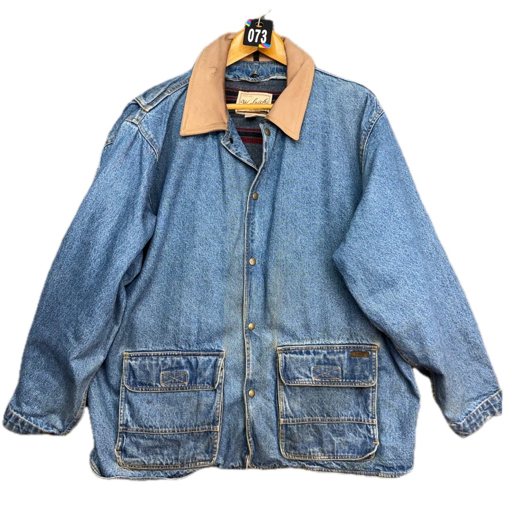 Woolrich Barn Jacket Mens XL Blue Denim leather Collar Blanket Lined Chore Coat